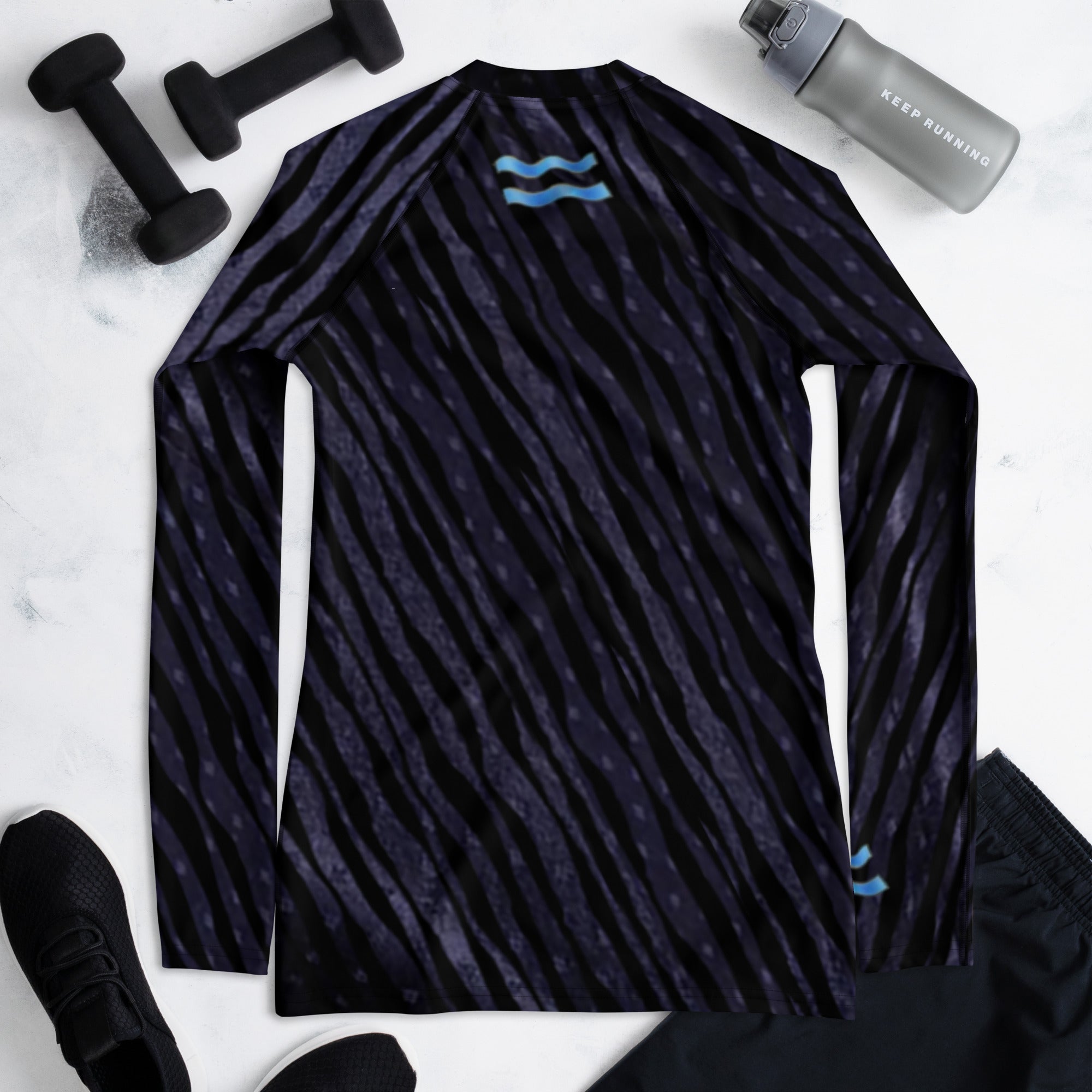 Fitness or Gymwear Top for Aquarius. Blue Black Rashguard "Cosmic Aqua" from WickedYo.